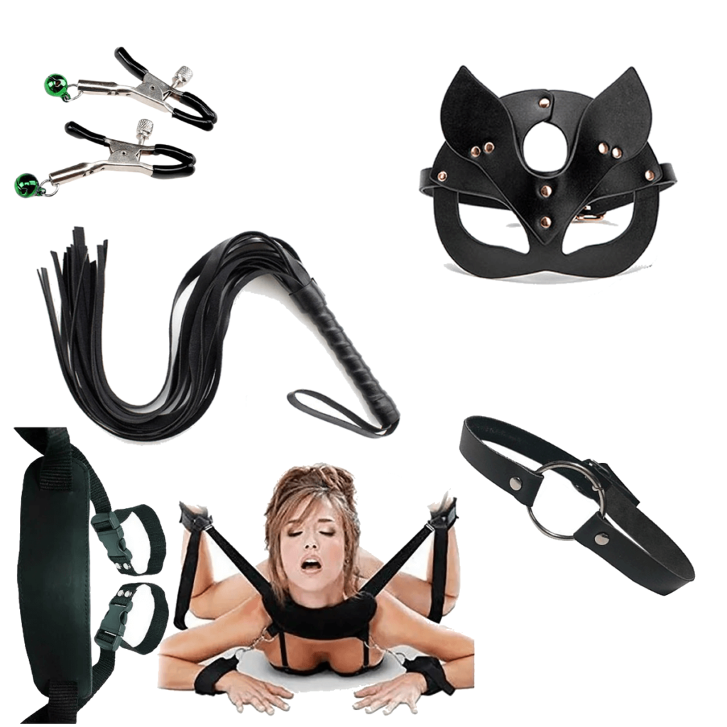 Kit Sado Bondage + Arnes Amarre de Cuello + Latigo + Mordaza + Pinza de Pezones (5 Articulos)
